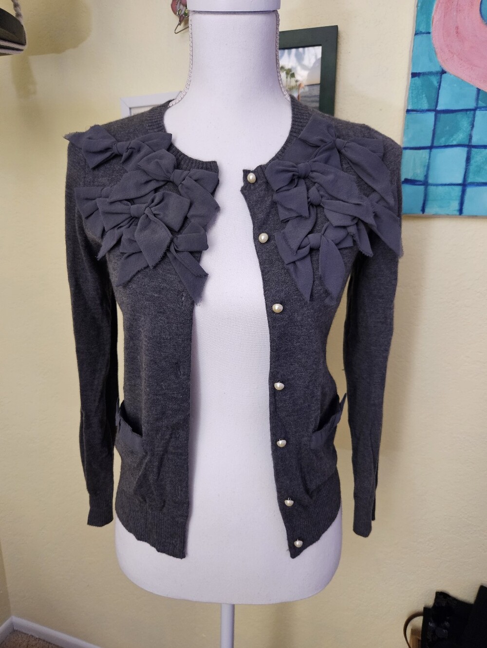 Ann Taylor bow Charcoal Gray Wool Blend Cardigan Sz Xs